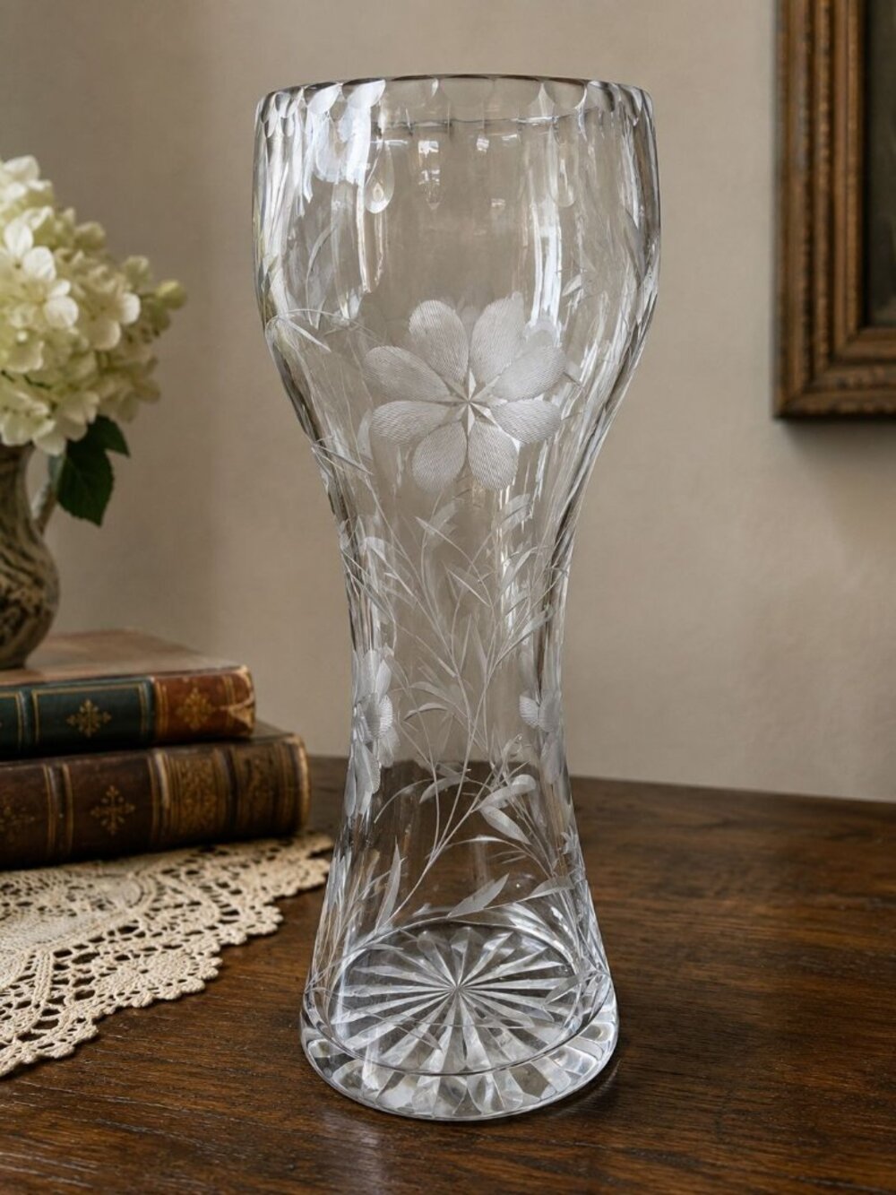 Clear Corset Cut Glass 12" Crystal Vase Floral Daisy Star Center Vintage